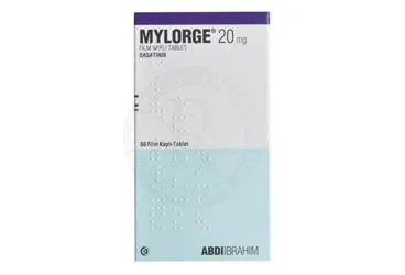 MYLORGE 20 MG FILM KAPLI TABLET (60 ADET) ambalajı. Dasatinib içeren film kaplı tablet. Üretici: ABDİ İBRAHİM İLAÇ SANAYİ VE TİCARET A.Ş.