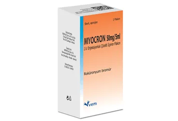 MYOCRON 50 MG/5 ML IV ENJEKSIYON ICIN SOLUSYON ICEREN 10 FLAKON ambalajı, flakon formunda rokuronyum bromid içerir. Üretici: VEM İLAÇ SAN. VE TİC. ANONİM ŞİRKETİ.