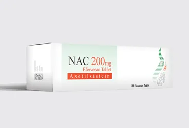 Asetilsistein içeren efervesan tablet: NAC 200 MG 20 EFERVESAN TABLET ürün ambalajı. Üretici: BASEL KİMYEVİ MADDELER VE İLAÇ SANAYİ TİCARET ANONİM ŞİRKETİ.