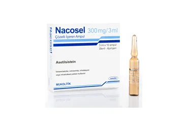 NACOSEL 300MG/3ML COZELTI ICEREN 10 AMPUL ürün ambalajı. Asetilsistein içeren çözelti. Üretici: HAVER FARMA İLAÇ ANONİM ŞİRKETİ.