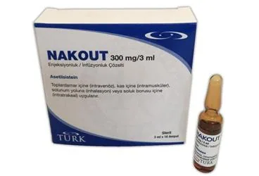 NAKOUT 300 MG/ 3 ML ENJEKSIYONLUK/INFUZYONLUK COZELTI kutusu. Asetilsistein içeren çözelti. Üretici: TURK İLAÇ VE SERUM SANAYİ ANONİM ŞİRKETİ.