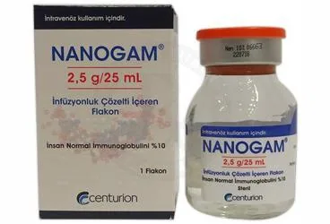 NANOGAM 2,5 G/25 ML IV INFUZYONLUK COZELTI ICEREN FLAKON (1 FLAKON) kutu fotoğrafı, çözelti formunda immünglobülin içerir. Üretici: CENTURİON İLAÇ SANAYİ VE TİCARET ANONİM ŞİRKETİ.