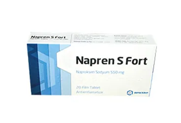 Naproksen sodyum içeren film kaplı tablet: NAPREN S FORTE 550 MG 10 FILM TABLET ürün ambalajı. Üretici: İLSAN İLAÇ VE HAMMADDELERİ SANAYİ TİCARET ANONİM ŞİRKETİ.