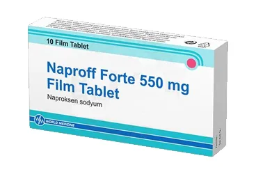 NAPROFF FORTE 550 MG 10 TABLET kutu fotoğrafı, tablet formunda naproksen sodyum içerir. Üretici: WORLD MEDICINE İLAÇ SAN. VE TİC. A.Ş.