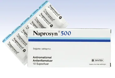 NAPROSYN 500 MG 10 SUPOZITUVAR (naproksen sodyum) kutu fotoğrafı, supozituvar. Üretici: ABDİ İBRAHİM İLAÇ SANAYİ VE TİCARET A.Ş.