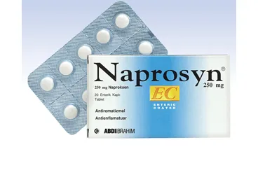 NAPROSYN EC 250 MG 20 TABLET (naproksen sodyum) kutu fotoğrafı, tablet. Üretici: ABDİ İBRAHİM İLAÇ SANAYİ VE TİCARET A.Ş.