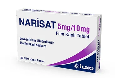 NARISAT 5/10 MG FILM KAPLI TABLET (30TABLET) kutu fotoğrafı. Levosetirizin + montelukast içeren film kaplı tablet. Üretici: İLKO İLAÇ SAN. VE TİC. A.Ş.