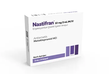 NASTIFRAN 10 MG/2 ML IM/IV ENJEKSIYONLUK COZELTI (metoklopramid) ürün ambalajı, çözelti. Üretici: MENTA PHARMA İLAÇ SANAYİ VE TİCARET ANONİM ŞİRKETİ.