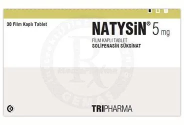 NATYSIN 5 MG 30 FILM TABLET ürün ambalajı. Solifenasin süksinat içeren film kaplı tablet. Üretici: TRIPHARMA İLAÇ SANAYİ VE TİCARET A.Ş.
