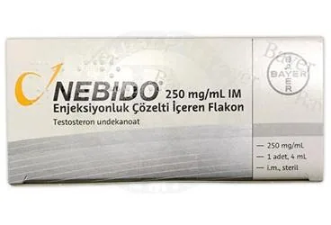 Testosteron içeren flakon: NEBIDO 250 MG/ML FLAKON, 4 ML ambalajı. Üretici: BAYER TÜRK KİMYA SAN. LTD. ŞTİ.