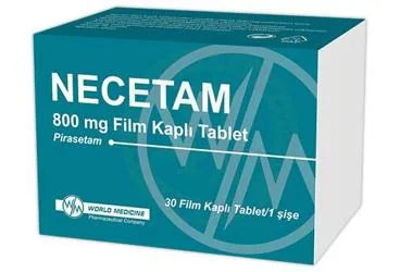 NECETAM 800 MG FILM KAPLI TABLET (30 TABLET) ambalajı, film kaplı tablet formunda pirasetam içerir. Üretici: WORLD MEDICINE İLAÇ SAN. VE TİC. A.Ş.