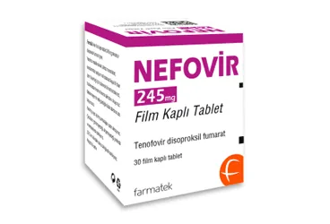 NEFOVIR 245 MG 30 FILM KAPLI TABLET (tenofovir disoproksil) ürün ambalajı, film kaplı tablet. Üretici: FARMA-TEK İLAÇ SANAYİ VE TİCARET A.Ş.