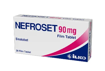 NEFROSET 90 MG 28 FILM TABLET (sinakalset) kutusu, film kaplı tablet. Üretici: İLKO İLAÇ SAN. VE TİC. A.Ş.