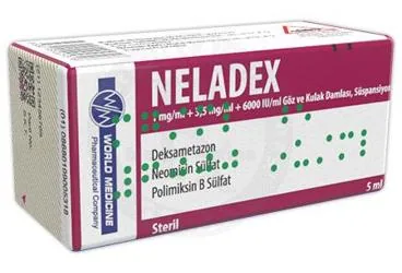 NELADEX 1 MG / ML + 3,5 MG /ML + 6000 IU /ML GÖZ VE KULAK DAMLASI, SÜSPANSİYON ürün ambalajı, süspansiyon formunda deksametazon + neomisin + polimiksin b içerir. Üretici: WORLD MEDICINE İLAÇ SAN. VE TİC. A.Ş.