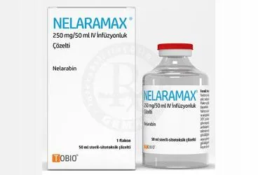 Nelarabin içeren çözelti: NELARAMAX 250 MG/50 ML IV INFUZYONLUK COZELTI (1 FLAKON) ürün ambalajı. Üretici: TOBIO İLAÇ SANAYİ VE TİCARET ANONİM ŞİRKETİ.