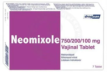 NEOMIXOLE 750/200/100 MG VAJINAL TABLET ambalajı. Metronidazol + mikonazol - vajinal içeren tablet. Üretici: DROGSAN İLAÇLARI SAN. VE TİC. A.Ş.