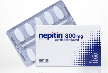 Gabapentin içeren tablet: NEPITIN 800 MG 50 CENTIKLI TABLET ambalajı. Üretici: ALİ RAİF İLAÇ SANAYİ A.Ş.