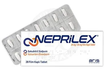 NEPRILEX 24 MG/26 MG FILM KAPLI TABLET kutusu. Valsartan + sakubitril içeren film kaplı tablet. Üretici: ALİ RAİF İLAÇ SANAYİ A.Ş.