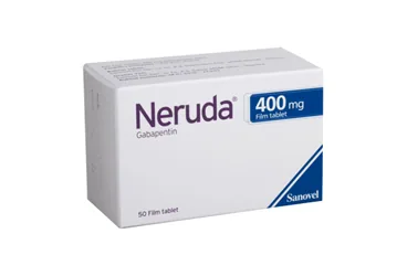 Gabapentin içeren film kaplı tablet: NERUDA 400 MG FILM KAPLI TABLET (50 TABLET) ürün ambalajı. Üretici: SANOVEL İLAÇ SANAYİ VE TİCARET ANONİM ŞİRKETİ.