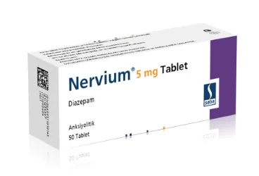 NERVIUM 5 MG 50 TABLET (diazepam) ambalajı, tablet. Üretici: SABA İLAÇ SANAYİİ VE TİCARET ANONİM ŞİRKETİ.