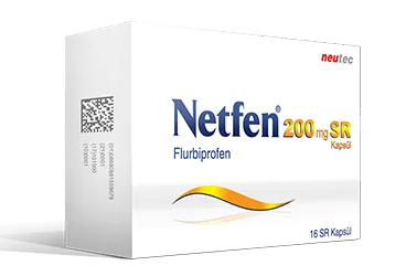 NETFEN 200 MG SR 16 KAPSUL ambalajı. Flurbiprofen içeren kapsül. Üretici: NEUTEC İLAÇ SANAYİ TİCARET ANONİM ŞİRKETİ.