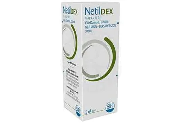Netilmisin sülfat + deksametazondisodyumfosfat içeren göz damlası: NETILDEX %0.3+%0.1 GOZ DAMLASI, COZELTI (5 ML) ürün ambalajı. Üretici: SIFI İLAÇ ANONİM ŞİRKETİ.