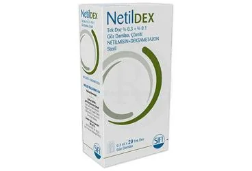 NETILDEX TEK DOZ %0,3+%0,1 GOZ DAMLASI, COZELTI (0,3 ML x 20 ADET) (netilmisin sülfat + deksametazondisodyumfosfat) kutu fotoğrafı, göz damlası. Üretici: SIFI İLAÇ ANONİM ŞİRKETİ.