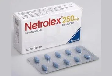 Levetirasetam içeren film kaplı tablet: NETROLEX 250 MG 50 FILM TABLET kutusu. Üretici: SANOVEL İLAÇ SANAYİ VE TİCARET ANONİM ŞİRKETİ.
