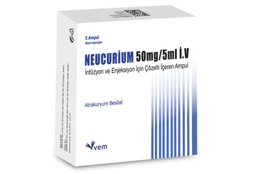 NEUCURIUM 50 MG/5 ML IV INFUZYON VE ENJEKSIYON ICIN COZELTI ICEREN 5 AMPUL (atrakuryum besilat) ürün ambalajı, çözelti. Üretici: VEM İLAÇ SAN. VE TİC. ANONİM ŞİRKETİ.