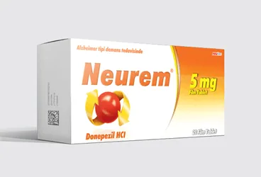 Donepezil içeren film kaplı tablet: NEUREM 5 MG 14 FILM TABLET ambalajı. Üretici: NEUTEC İLAÇ SANAYİ TİCARET ANONİM ŞİRKETİ.