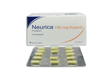 NEURICA 150 MG 56 KAPSUL ambalajı, kapsül formunda pregabalin içerir. Üretici: KOÇAK FARMA İLAÇ VE KİMYA SANAYİ A.Ş.