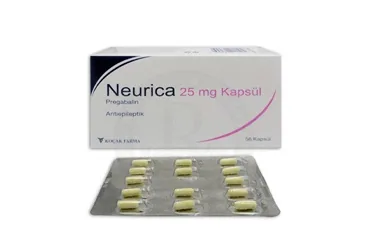 NEURICA 25 MG 56 KAPSUL ürün ambalajı, kapsül formunda pregabalin içerir. Üretici: KOÇAK FARMA İLAÇ VE KİMYA SANAYİ A.Ş.