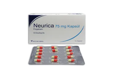 Pregabalin içeren kapsül: NEURICA 75 MG 14 KAPSUL ambalajı. Üretici: KOÇAK FARMA İLAÇ VE KİMYA SANAYİ A.Ş.