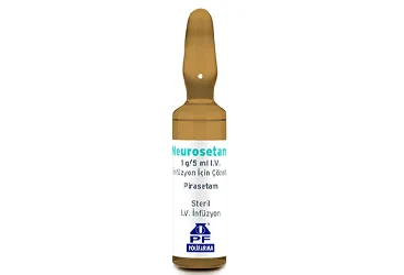 Pirasetam içeren çözelti: NEUROSETAM 1 G/5 ML IV INFUZYON ICEREN COZELTI (12 AMPUL) kutusu. Üretici: POLİFARMA İLAÇ SAN. VE TİC. A.Ş.