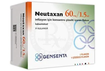 NEUTAXAN 60 MG/1,5 ML INFUZYON ICIN KONSANTRE COZELTI ICEREN 1 FLAKON + 1 COZUCU FLAKON (kabazitaksel) kutu fotoğrafı, çözelti. Üretici: GENSENTA İLAÇ SANAYİ VE TİCARET ANONİM ŞİRKETİ.