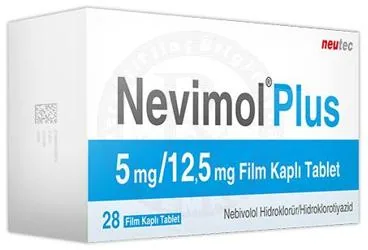 NEVIMOL PLUS 5 MG /12,5 MG FILM KAPLI TABLET (28 FILM KAPLI TABLET) ürün ambalajı, film kaplı tablet formunda nebivolol + hidroklorotiazid içerir. Üretici: NEUTEC İLAÇ SANAYİ TİCARET ANONİM ŞİRKETİ.