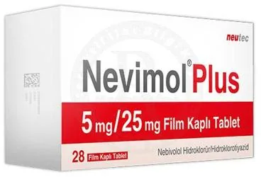Nebivolol + hidroklorotiazid içeren film kaplı tablet: NEVIMOL PLUS 5 MG /25 MG FILM KAPLI TABLET (28 FILM KAPLI TABLET) kutu fotoğrafı. Üretici: NEUTEC İLAÇ SANAYİ TİCARET ANONİM ŞİRKETİ.