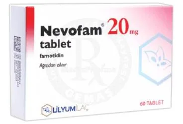 NEVOFAM 20 MG 60 TABLET (famotidin) ürün ambalajı, tablet. Üretici: LİLYUM İLAÇ VE KİMYA SANAYİ TİCARET ANONİM ŞİRKETİ.