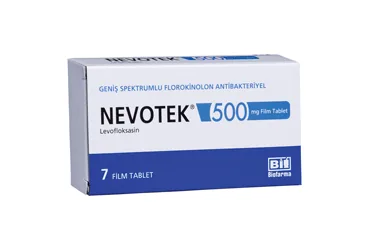NEVOTEK 500 MG 7 FİLM TABLET (levofloksasin) kutusu, film kaplı tablet. Üretici: BİOFARMA İLAÇ SANAYİ VE TİCARET A.Ş.