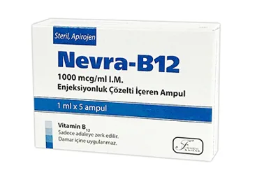 NEVRA-B12 1000 MCG/ML 5 AMPUL kutu fotoğrafı. Vitamin b12 içeren ampul. Üretici: FARMALAS İLAÇ SAN. VE TİC. LTD. ŞTİ.