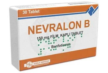 NEVRALON B 150 MG FILM KAPLI TABLET (30 TABLET) ürün ambalajı, film kaplı tablet formunda vitamin b1 -tiamin içerir. Üretici: WORLD MEDICINE İLAÇ SAN. VE TİC. A.Ş.