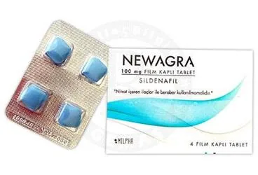 NEWAGRA 100 MG FILM KAPLI TABLET (4 TABLET) (sildenafil sitrat) ürün ambalajı, film kaplı tablet. Üretici: MİLPHA İLAÇ SANAYİ VE TİCARET LİMİTED ŞİRKETİ.