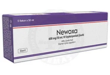 NEWOXA 600 MG/50 ML ENJEKSIYONLUK COZELTI (5 FLAKON) ürün ambalajı, çözelti formunda tioktik asit içerir. Üretici: DR. SERTUS İLAÇ SAN. VE TİC. LTD. ŞTİ.