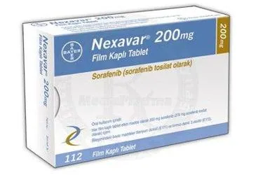 NEXAVAR 200 MG 112 FİLM TABLET kutu fotoğrafı, film kaplı tablet formunda sorafenib içerir. Üretici: BAYER TÜRK KİMYA SAN. LTD. ŞTİ.