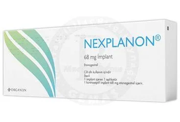 NEXPLANON 68 MG 1 IMPLANT ambalajı. Etkin maddesi etonogestrel. Üretici: MERCK SHARP DOHME İLAÇLARI LTD. ŞTİ.