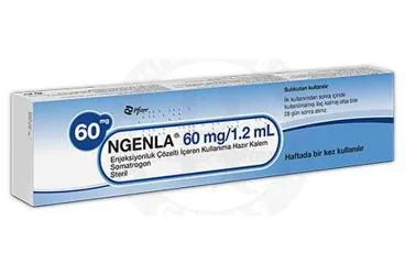 Somatrogon içeren çözelti: NGENLA 60 MG/1,2 ML ENJEKSIYONLUK COZELTİ ICEREN KULLANIMA HAZIR KALEM ürün ambalajı. Üretici: PFİZER PFE İLAÇLARI ANONİM ŞİRKETİ.