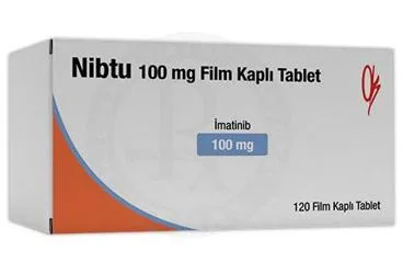 NIBTU 100 MG FILM KAPLI TABLET (120 TABLET) ambalajı. Imatinib içeren film kaplı tablet. Üretici: ONKO İLAÇ SANAYİ VE TİCARET ANONİM ŞİRKETİ.