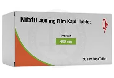 NIBTU 400 MG FILM KAPLI TABLET (30 TABLET) kutu fotoğrafı, film kaplı tablet formunda imatinib içerir. Üretici: ONKO İLAÇ SANAYİ VE TİCARET ANONİM ŞİRKETİ.