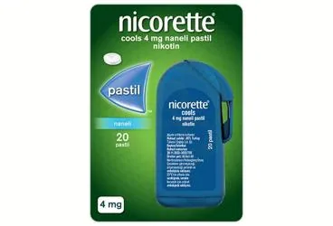Nikotin içeren NICORETTE COOLS 4 MG NANELI PASTIL (20 ADET) kutusu. Üretici: JNTL TURKEY TÜKETİCİ SAĞLIĞI LİMİTED ŞİRKETİ.
