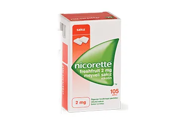 NICORETTE FRESHFRUIT 2 MG MEYVELI SAKIZ, 10 ADET ürün ambalajı. Etkin maddesi nicotine. Üretici: JNTL TURKEY TÜKETİCİ SAĞLIĞI LTD. ŞTİ.